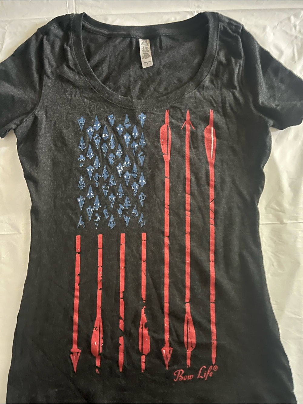 Bow Life Black Graphic Tee with Red & Blue Arrow Flag